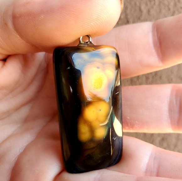 New Yellow Black Fire Agate Oblong Pendant. - Picture 10 of 16